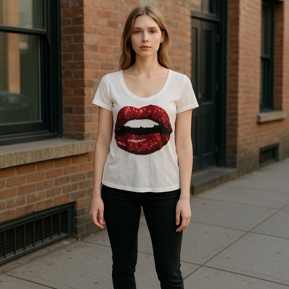 Express Women’s Medium Sequined Lips Round Neck Tee - Picture 2 of 9